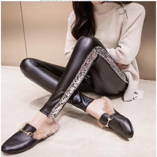 Babbytoro Womens Leggings Side Glitter Sequins PU Leather Pants Female High Waist Stretch Jeggings Plus 8XL 7XL S Gold Silver