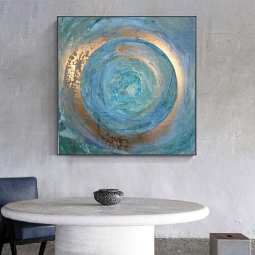 Golden Circles Modern Contemporary Abstract Oil Painting On Blue Canvas Wall Art Pictures For Living Room Home Decor Poster