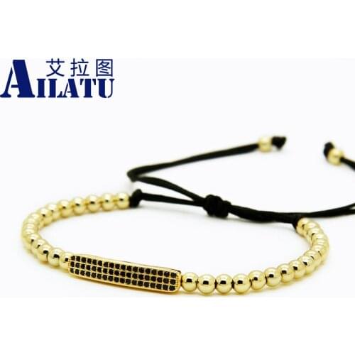 Ailatu Top Quality Men & Women Jewelry, 4mm Copper Beads Black Cz Curved Long Tube Bar Braided Macrame Bracelets