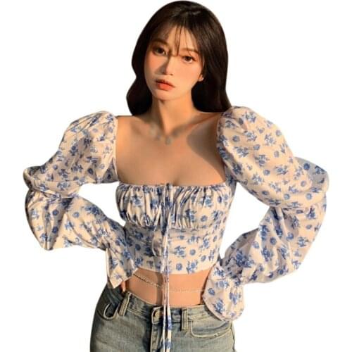 Spring Summer Floral Printed Square Collar Chiffon Shirts Pleated Blouses Elastic Puff Sleeve Crop Tops Blusas