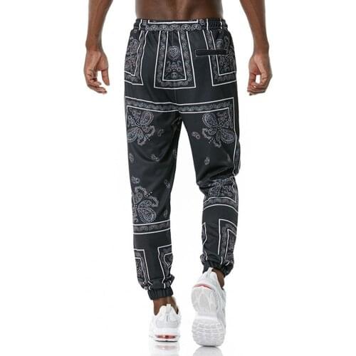 Fashion Men Pants Mid Rise Quick Drying Paisley Print Drawstring Ankle Tied Loose Trousers for Fitness Men Clothing Black xxl