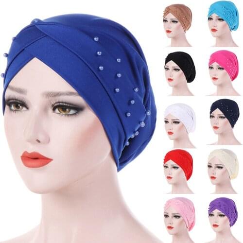 Women Beads Turban Hat Muslim Islamic Jersey Chemo Cap Ladies Stretch Head Wrap Head Scarf Arab Cover Beanie Bonnet Headscarf