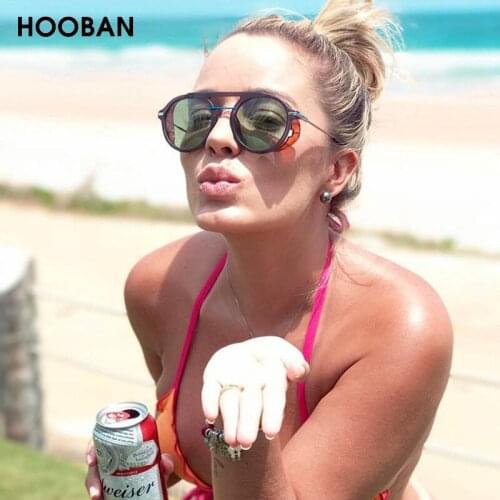 HOOBAN Brand Design Steampunk Round Sunglasses Women Men Retro Sun Glasses Unisex Fashion Shade Eyewear Male Female UV400