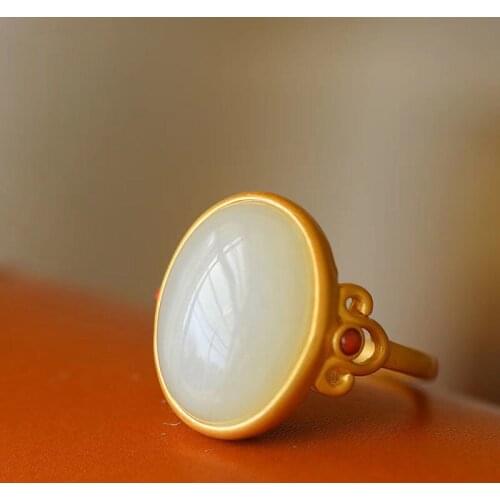 Classic Retro Oval Egg Noodles Hetian Jade Ring Classical Court Chinese Style Ring Female Opening Adjustable Size