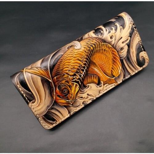 Handmade Wallets Carving Arowana Purses Women Men Long Clutch Vegetable Tanned Leather Wallet Card Holder