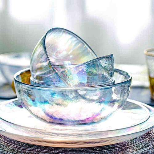 Colorful Glass Salad Bowl Glass Food Serving Plate Fruit Dessert Cake Salad Tray Meal Pasta Storage Container Main Dish Western