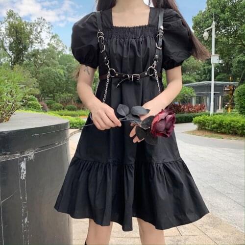 {618 Sale} Harajuku Dark Style Summer Dresses Vintage Square Collar Puff Sleeve Black Dress Sweety Ruffles Leather Belt JK Dress