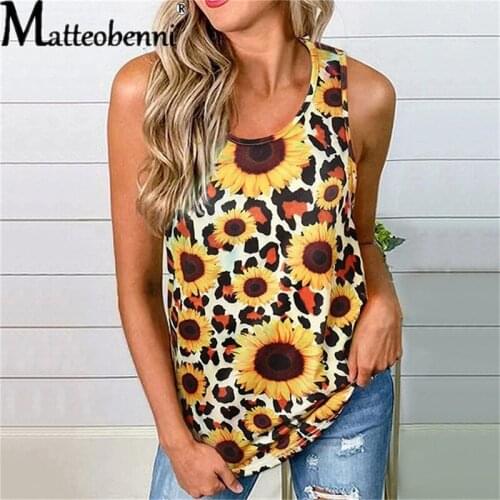 2021 Women Leopard Tank Top Sunflower Printed Sleeveless T-Shirt Summer Sexy Backless Vest Camisole Casual Tee Blouses Plus Size