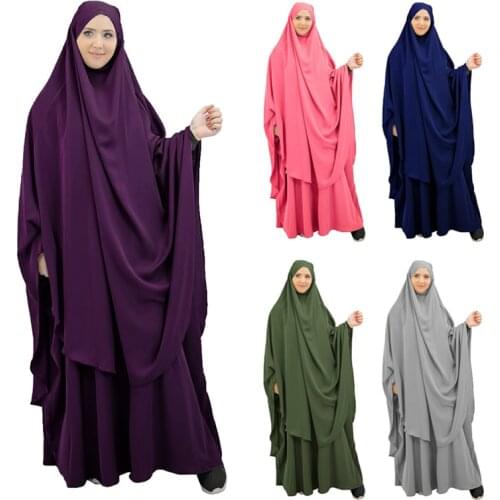 Muslim Women Hijab Dress Prayer Garment Set Long Khimar Jilbab Abaya Full Cover Ramadan Gown Islamic Niqab Musulman Ensembles