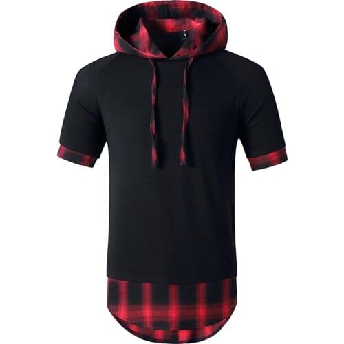 Color matching gridRibbon Hooded Hip Hop Short Sleeve Hip Hop Fashion T-shirt Mens Fake Two-piece Street Bf Loose Five Sleeve