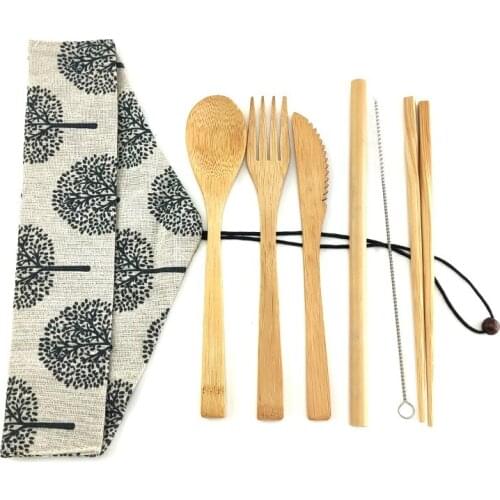 6Pcs/Set Portable Eco-friendly Japanese Style Wooden Fork Spoon Knife Cutlery Set With Cloth Bag Dropshipping