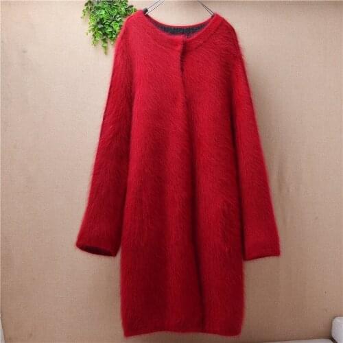 New Big Red Womens Mink Fur Knit Skirt Round Neck Long Sleeve Long Dress Medium Slim female Winter Jacket Cardigan coat