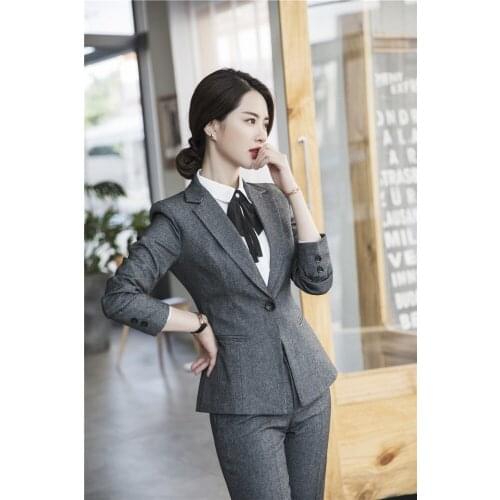 Novelty Grey Uniforom Designs Women Business Suits with Pants and Jackets Coat Office Ladies Autumn Winter Pantsuits Blazers