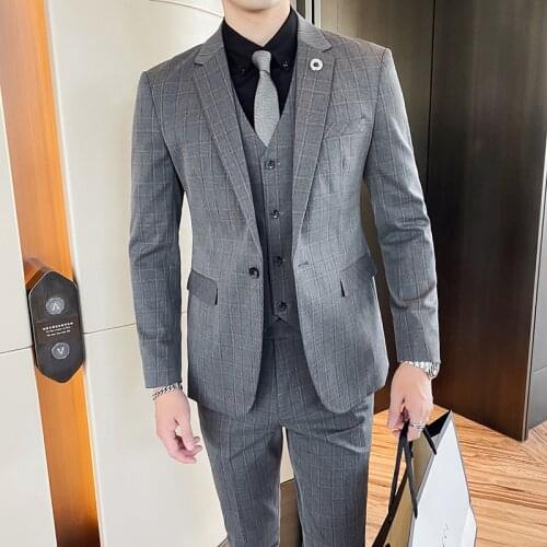 Jacket+Vest+Pants) Luxury Men Suit 3 Piece New High-end Mens Wedding Dress Classic British Plaid Business Casual Suit Formal