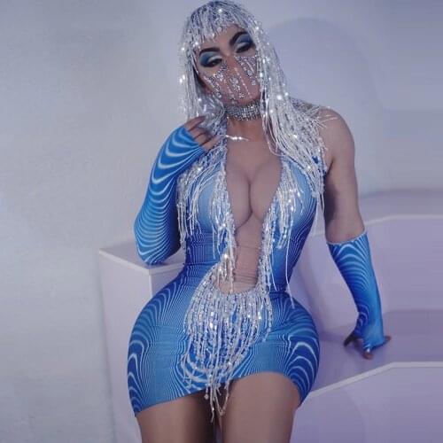 Blue print see through stretch sequin tassel short dress party club sexy bodycon wig stage Dance Outfit Birthday Celebrate wear