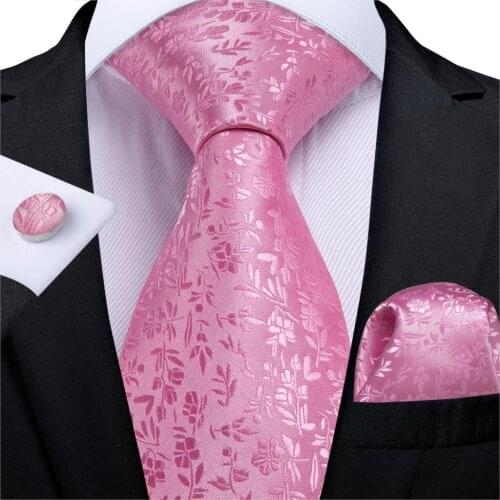Gift Men Tie Pink Solid Floral Silk Wedding Tie For Men DiBanGu New Designer Hanky Cufflink Business Men Tie Set Party MJ-7271