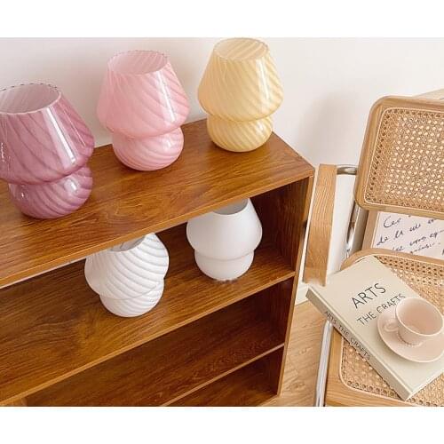 Dimming Mushroom Table Lamp Striped Glass Translucent , 7.48 Inch Small Lamp Cute , SuitableFor Study, Bedside Living Room Lamp