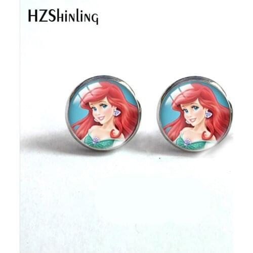 2021 New Arrival Kawaii Disney Anna Bell Jasmin Ariel Princess Handmade Stainless Steel Glass Dome Stud Earrings
