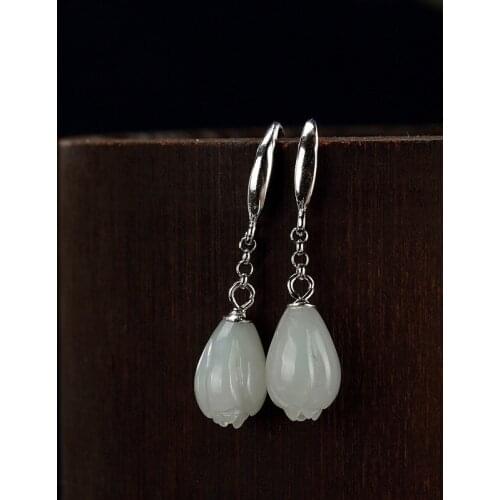 Silver S925 Pure Silver Antique Mosaic Tian White Jade Ladys High-end Jag Silver Ear Pendant Earrings Wholesale