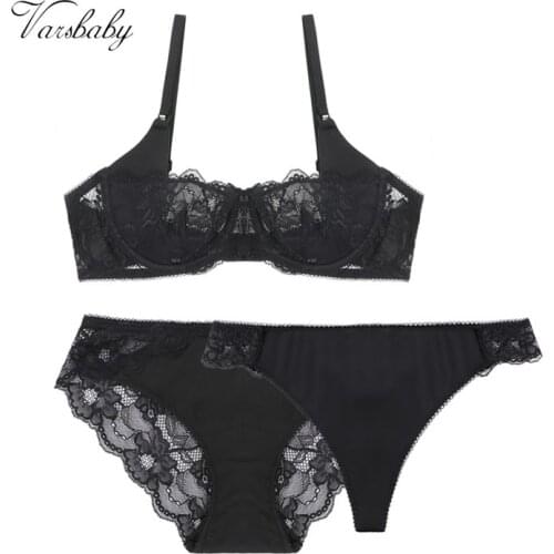 Varsbaby new sexy fashion unlined half cup underwear floral lace 3 pcs bras+ panties+thongs