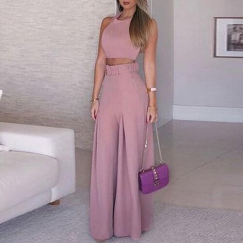 Women Eelgant Wide Leg Pants Set Sexy O Neck Sleeveless Top and Lace-up Belted Pants Outfits Spring Summer Solid Two Piece Suits