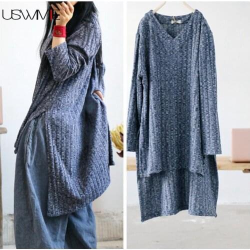 2020 Winter Sweater Women Literary Simple V-neck Solid Color Long Sleeve Loose Comfort Irregular Hem Breathable Pullovers USWMIE