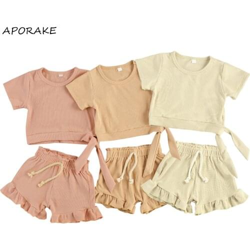 2021 0-3Y Summer Toddler Baby Girl Clothing Bandage Solid Color Short Sleev Crop Top+Ruffle Drawstring Shorts 2pcs Outfits Set