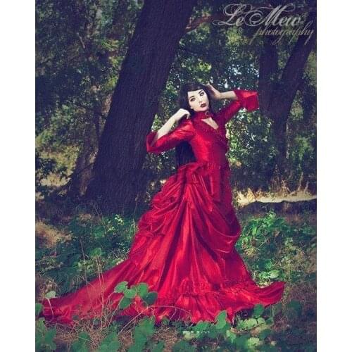 2020 Vintage Mina Dracula Victorian Wedding Dresses With Long Sleeve Gothic Halloween Dress Ruched Dark Red Garden Bridal Gowns