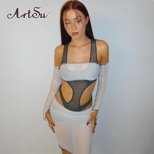 Artsu 2021 Summer Women Mesh Patchwork 3 Pieces Sexy Mini Skirt Set Hollow Out Playsuit Backless Tops See Through Suit