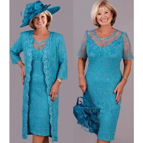 Turquoise Lace Mother of the Bride Dresses 2020 with Wrap Plus Size Tea Length Wedding Party Gowns Vestidos De Novia Madrinha