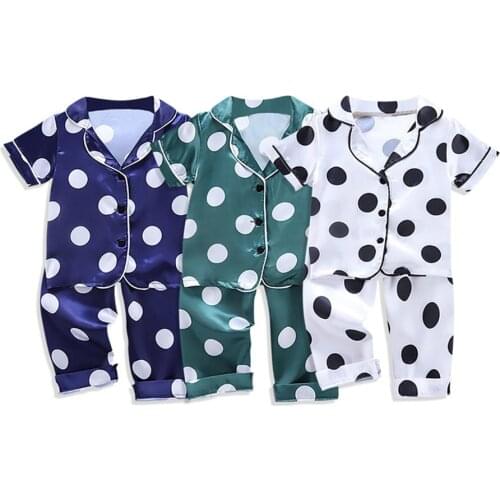 Children Faux Silk Pajamas Short-Sleeved Top Trousers Dot Printed Outfit Costume