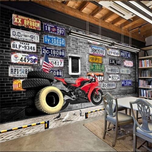 Europe America Nostalgic Retro Brick Plates Motorcycle Tire 3D Mural Wallpapers for Living Room Restaurant Bar Wall Paper 3D