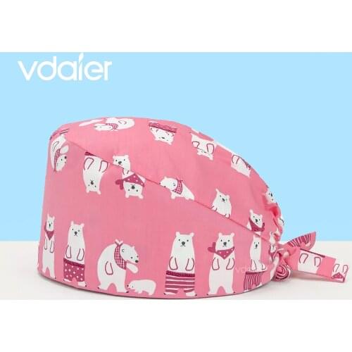 Pink bear printing Working Hat Medical Nurse Caps Doctor Surgical Hat Unisex 100% Cotton Dental Beauty Salon Scrub Cap scrub hat