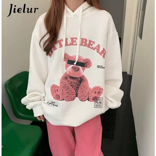Jielur Winter New Korean Style Hooded Sweatshirt Women Loose Cartoon Bear Print Warm Fleece Hoodies White Black Oversize Hoodie