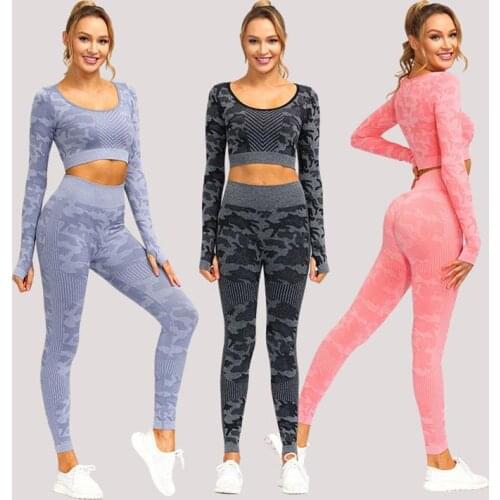 Camo Seamless Yoga Set Women Gym Clothing Long Sleeve Sports Suit Crop Top High Waist Fitness Legging Workout Set Sportswear