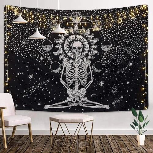 Witchcraft Skull Moon Tapestry Mountain Wall Hanging Black Psychedelic Mandala Tapestries Wall Carpet Cloth Home Decor 95x73cm