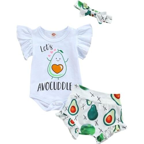 Citgeett Summer Infant Baby Girls Avocado Print Clothes Set Flying Sleeve Romper + Short Pants + Bow-knot Headband Set