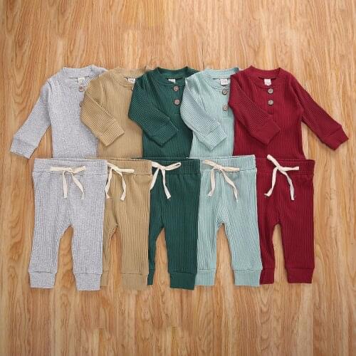 2020 Newborn 0-3M Baby Boy Girl Casual Clothing Set Fall New Knited Solid Color Button Long Sleeve Romper Top+Long Pants 2pcs