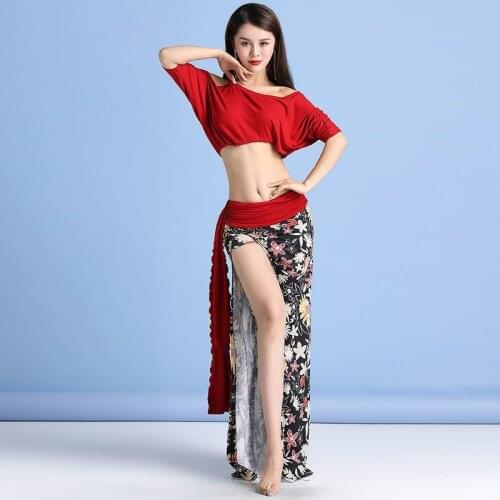 Belly Dance Training Costume Women Oriental Dance Wear Sexy Tribal Clothes Slit Skirt Flower Print Bellydance Show Outfit