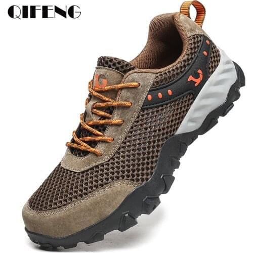 Summer Soft Genuine Leather Outdoor Shoes Casual Mesh Sneakers Men Lace Up Trekking Hiking Footwear Camping Spring Black Shoes