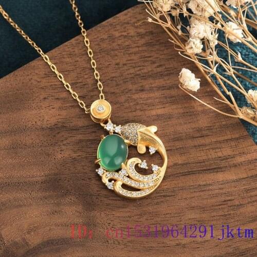 Jade Carp Pendant Jewelry 925 Silver Crystal Fish Natural Fashion Charm Chalcedony Chinese Necklace Zircon Gifts Amulet Women