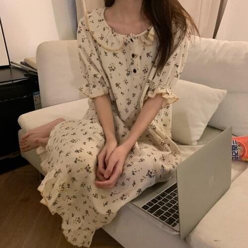 Cotton Summer Nightgown Korean O-Neck Short Sleeve Kawaii Vintage Long Sleepwear Casual Homewear Sweet Girls Home Clothes