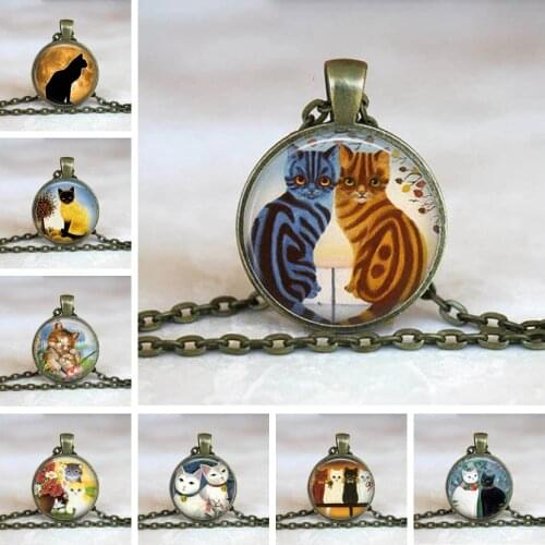 Wholesale Art Glass Cabochon Necklace Cat Kitten Necklace Shabby Chic Cat Round Pendant Girls Glass Cabochon Necklace
