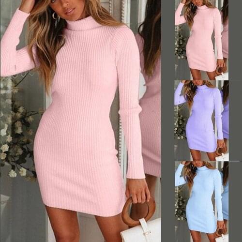 Autumn Winter Warm Long Sleeve Women Knitted Sweater Dress Pink Turtleneck Sweaters Pullover Jumper Female Clothes