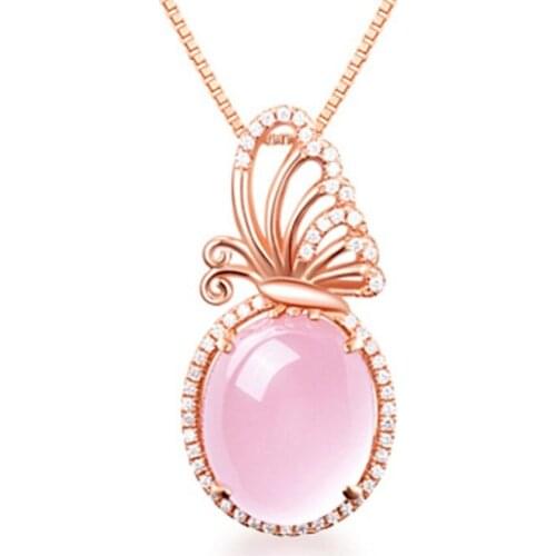Rose Gold Color Butterfly Oval Shape Pink Quartz Pendant Link Chain Necklace with Rhinestone Jewelry