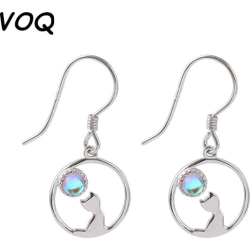 VOQ 925 Sterling Silver Earrings Moon Cat Long Tassel Womens Earrings Cute Cat Jewelry Female Exquisite Pendant Gift
