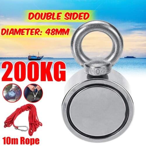 D48mm 200KG Strong Neodymium Magnet Double Side Search Magnetic Hook Super Power Salvage Sea Fishing Magnet Holder With 10M Rope