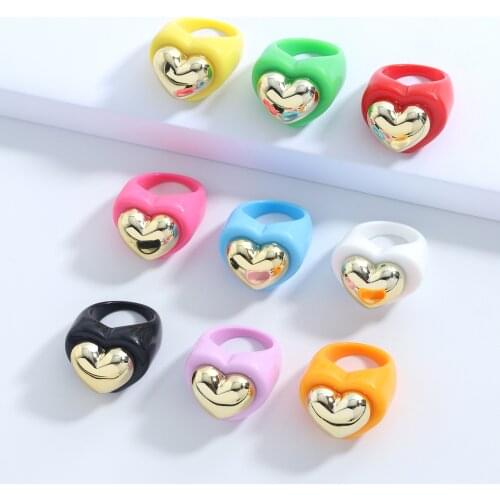 Korean Harajuku Heart Metal Colorful Resin Acrylic Finger Rings For Women Girl Sweet Aesthetic Party Jewelry Accessories