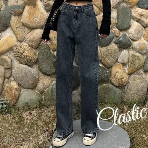 Spring Streetwear Womens Chic Denim Students Long Korean Washed Solid Leisure Women Vintage Simple Style All-match Black Jeans B