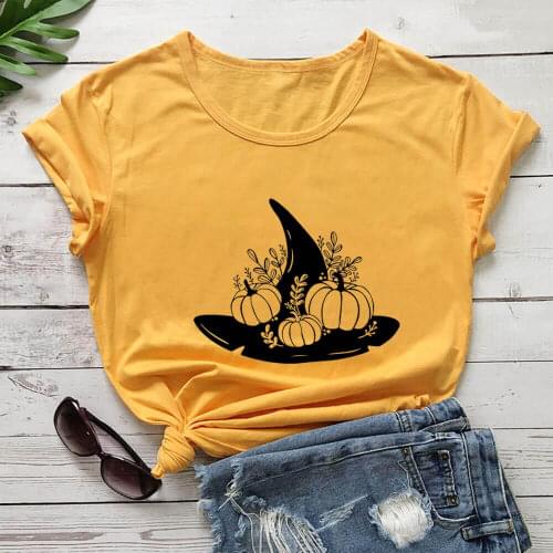 Halloween Pumpkin Magic Hat 100%Cotton Print Women Tshirt Halloween Party Shirt Unisex Funny Summer Casual Short Sleeve Top